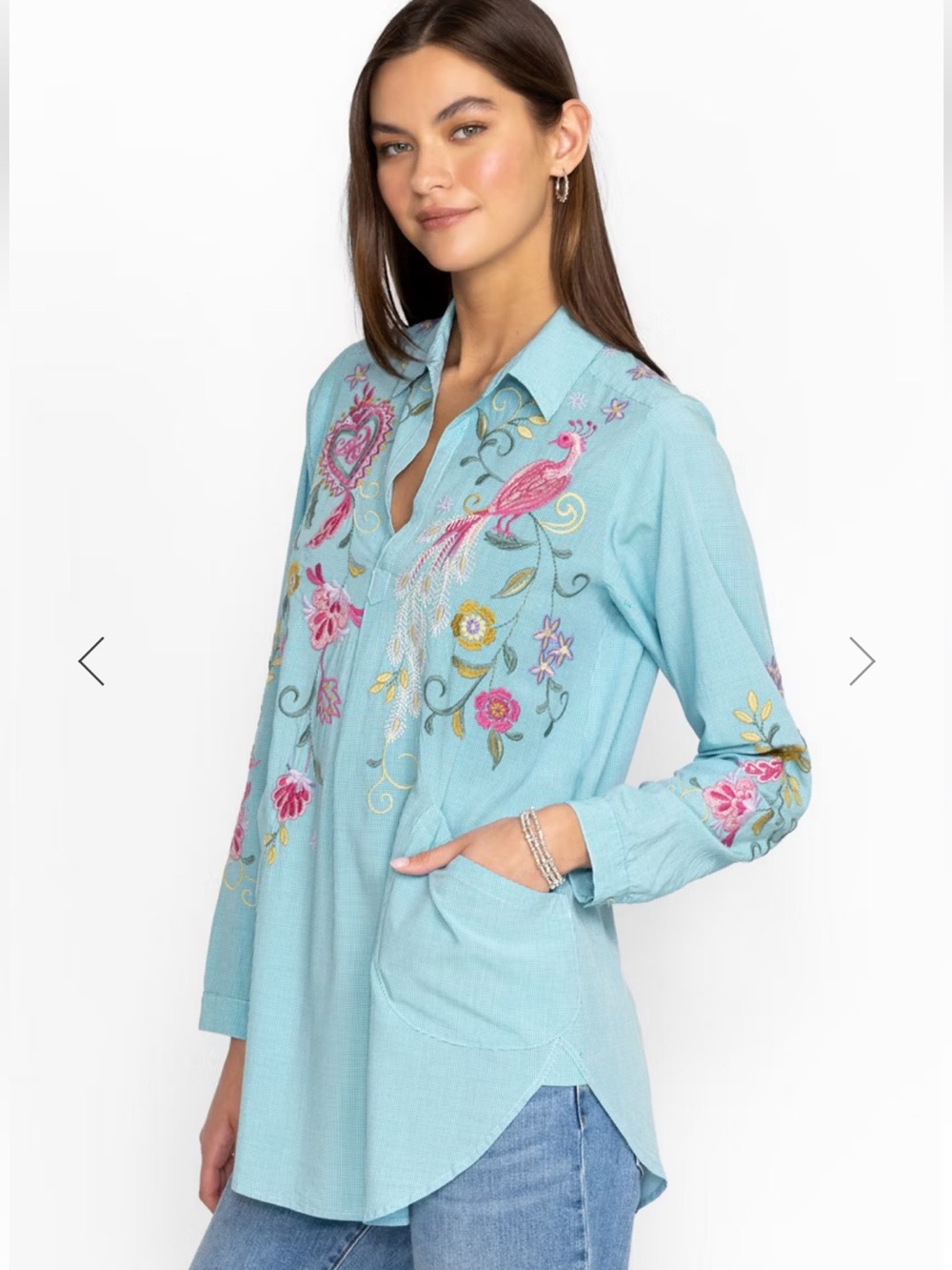 Johnny Was Ashlee Henley Popover Embroidered Floral Long Sleeve Tunic XL
